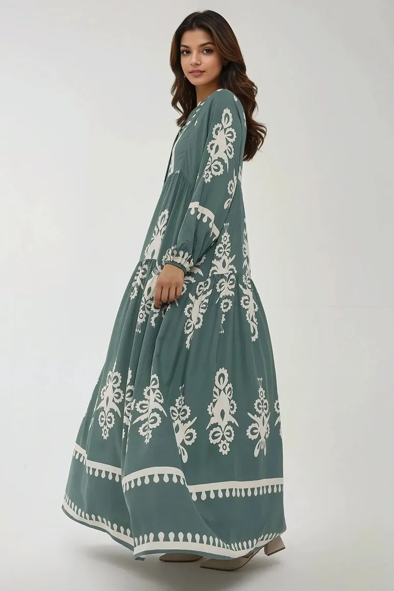 Printed Long Sleeve Viscose Maxi Dress - 5