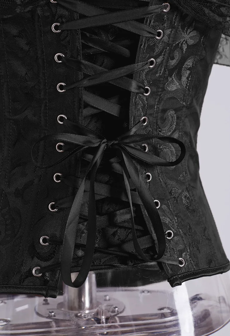 Off Shoulder Lace-Trim Jacquard Corset Top in Black for Themed Parties & Performances - 4