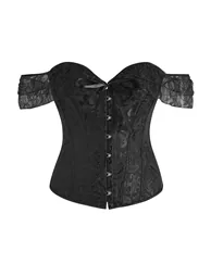 Off Shoulder Lace-Trim Jacquard Corset Top in Black for Themed Parties & Performances