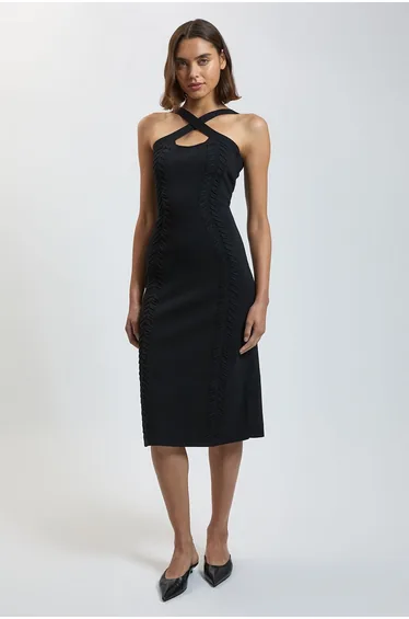 Lace Up Detail Knitted Halter Cross Front Maxi Dress