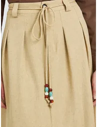 Women's solid Pleated Detail Tie Waist Slit Cut Skirt - 2