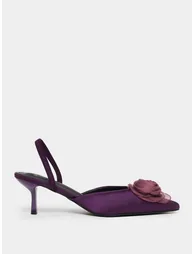 Purple Satin Slingback Shoes with Floral Detail - 1