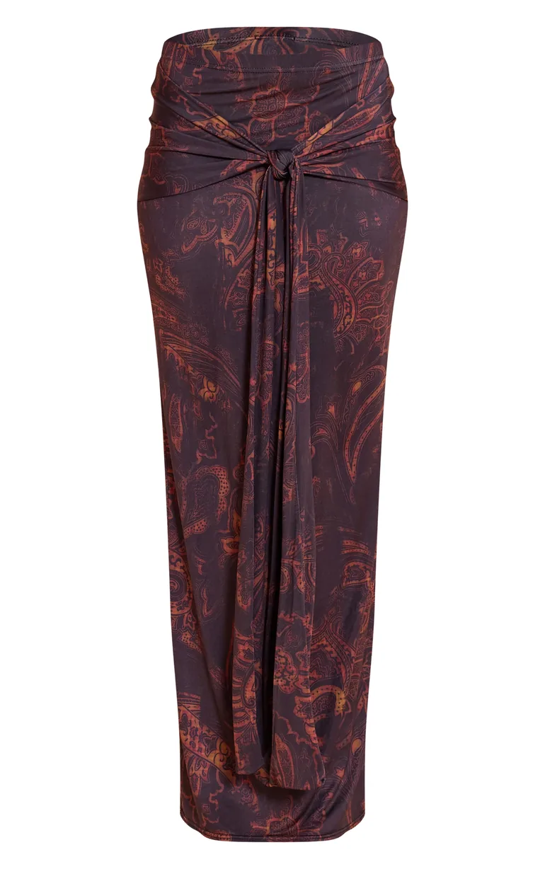 Dark Brown Paisley Print Slinky Tie Detail Maxi Skirt - 4