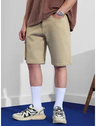 Men Beige Denim Cargo Shorts - 1