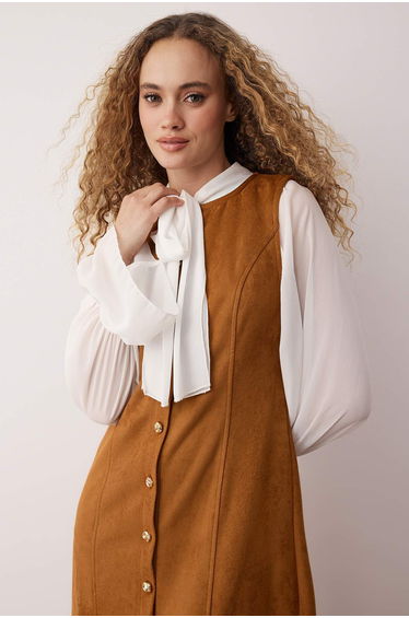Camel Unlined Plain Woven Suede Hijab Dress product thumbnail 2