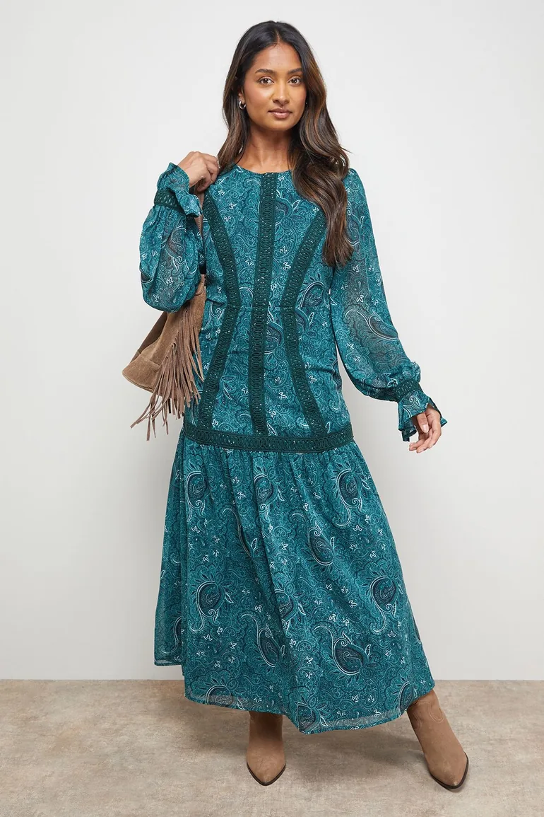 Lace Detail Balloon Sleeve Drop Hem Midi Dress