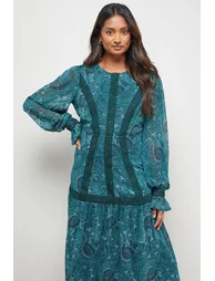 Lace Detail Balloon Sleeve Drop Hem Midi Dress - 3