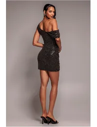 Cowl Neck Glitter Lurex Mini Dress - Black by Goddiva - 1