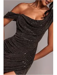 Cowl Neck Glitter Lurex Mini Dress - Black by Goddiva - 3