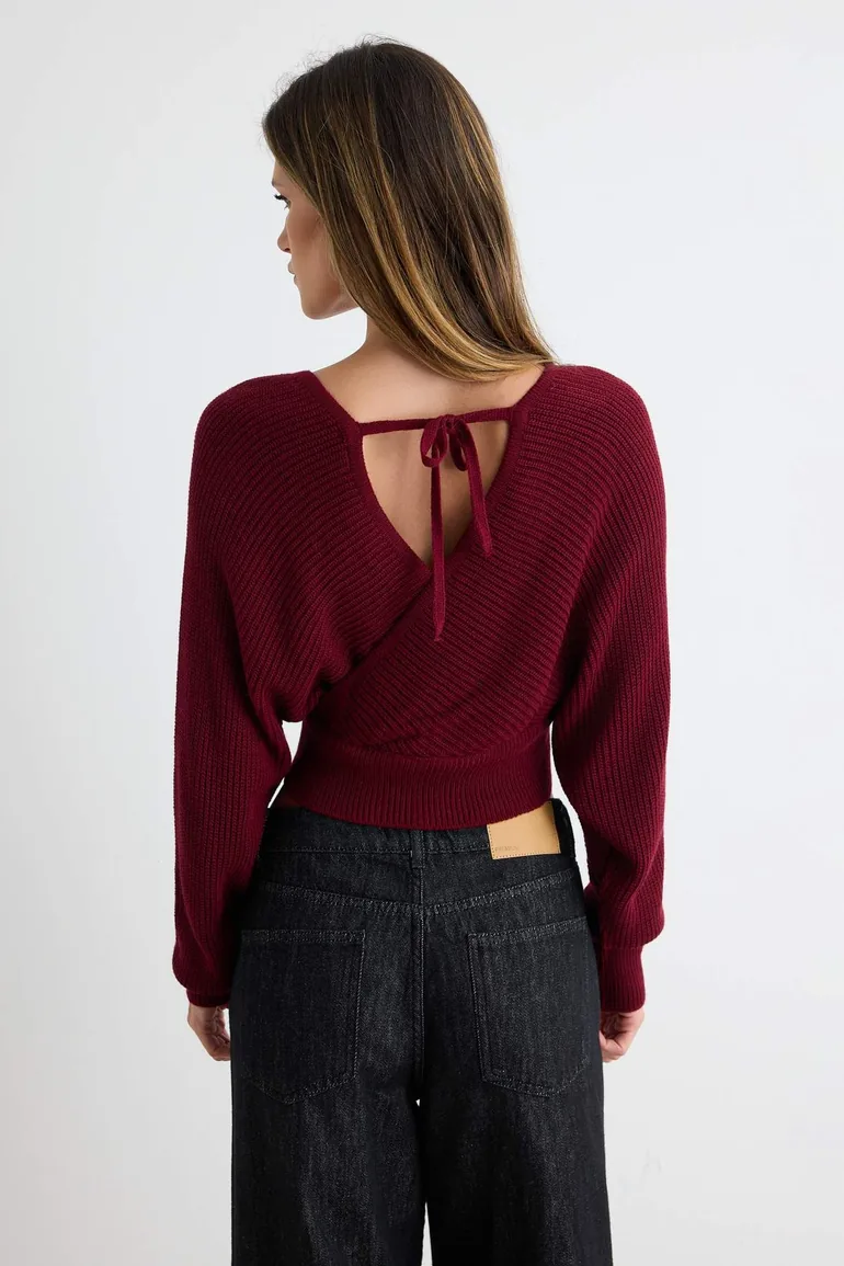 Burgundy Double Breasted Knit Sweater - 4