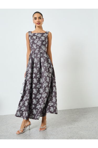 Grey Floral Jacquard Sleeveless Maxi Dress