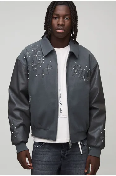 Boxy Embellished Cross Applique Melton Bomber Jacket - charcoal