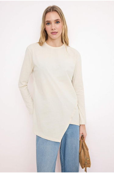 Beige Regular Single Jersey Plain Knitted Button Detail