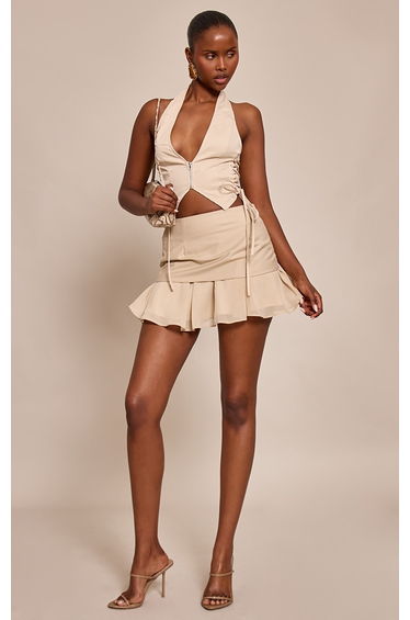 Beige Woven Chiffon Mini Skirt