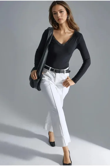 BUSEM Slim Fit V-Neck Blouse with Lace Detail