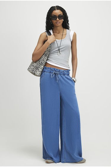 Blue Wide Leg Paperbag Jeans