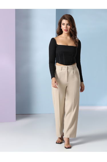 Beige Solid Wide Leg Trousers
