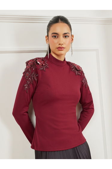 Burgundy Embellished Shoulder Knit Top
