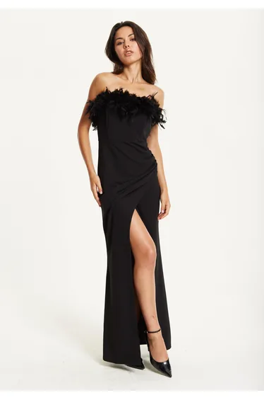 Black Feather Trim Strapless Dress