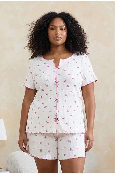 White-Pink Floral Patterned Ribbon Ribbed Knit Plus Size Pajamas Set