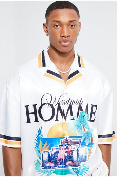 Boxy Oversized Satin Graphic Shirt And Shorts - yellow