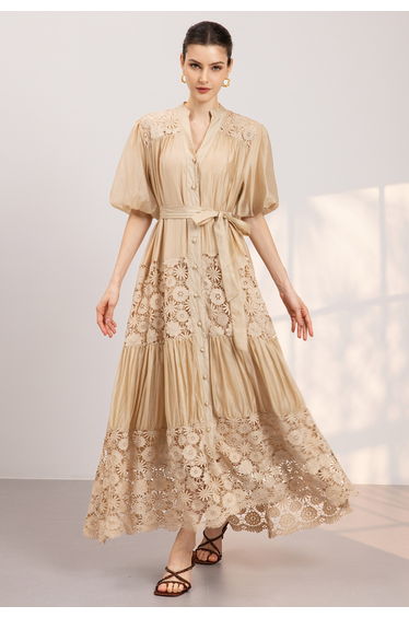 Floral Guipure Lace Puff Sleeve Buttoned Maxi Dress in Light Tan