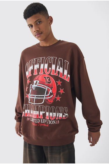 Tall Official Champions Print Washed Oversized Sweatshirt in Chocolate - chocolate