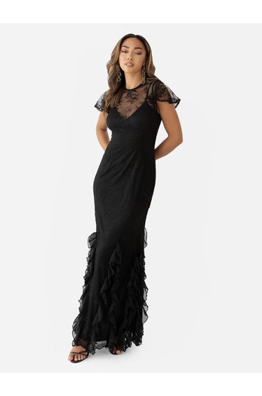 Maya Black Flutter Sleeve Lace Maxi Dress with Ruffle Detail