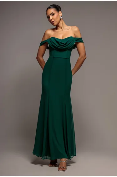 Chiffon Bardot Cowl Neck Maxi Dress - Green by Goddiva