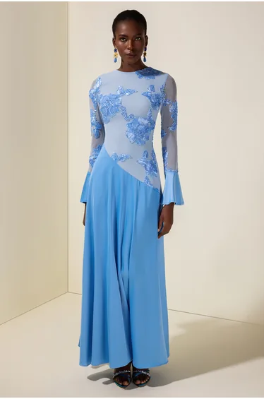 Embroidered Satin Bell Sleeve Maxi Dress