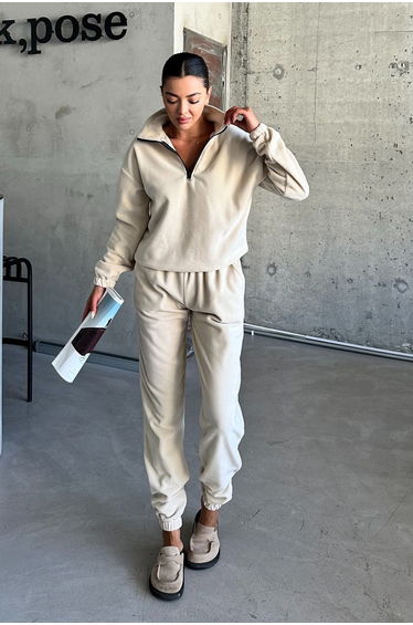 Beige Stand Collar Half Zipper Top-Bottom Polar Fleece Tracksuit