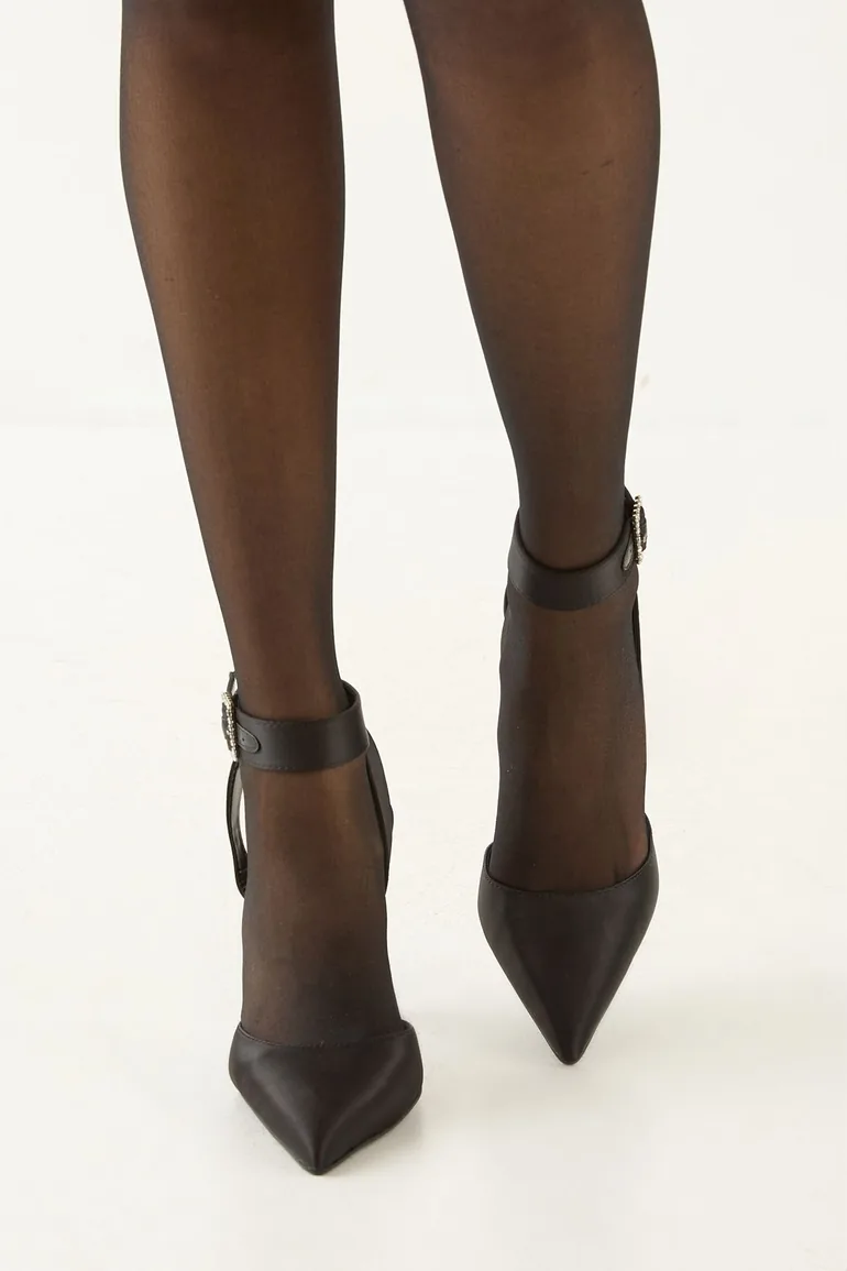 Satin Embellished Buckle High Flared Stiletto Court Shoes - 2