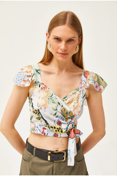 Women's Jungle Multicolored Mos Crepe Blouse with Side Zipper and Sleeve Detail