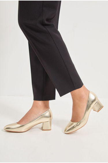 Good For The Sole: Fiorette Faux Metallic Leather Padded Comfort Sock Low Block Heeled Court Shoes