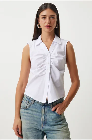 Women's White Drawstring Detailed Sleeveless Shirt