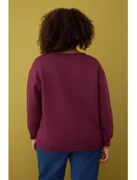 Burgundy v-neck basic plus size sweatshirt with fleece lining - 3