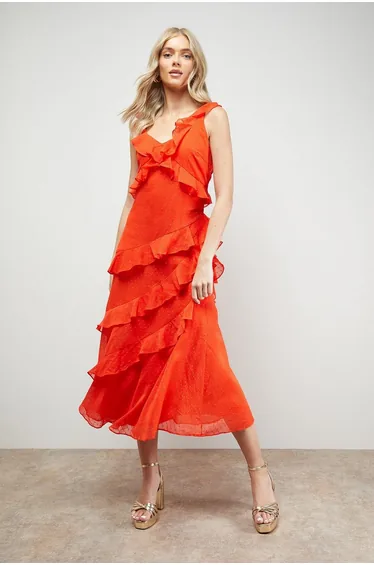 Dobby Ruffle V Neck Tiered Midi Dress