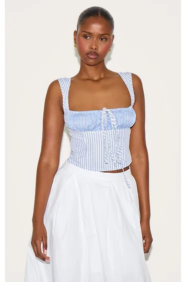 Sky Blue Cotton Contrast Striped Crop Top