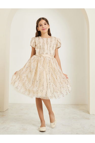 Girls Gold Sequin Belted Short Sleeve Dress