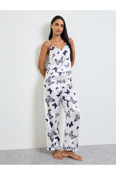White Satin Butterfly Print Cami and Pyjama Set