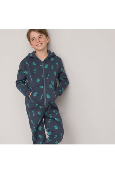 Printed Cotton Mix Onesie in Fleece with Hood