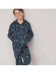Printed Cotton Mix Onesie in Fleece with Hood