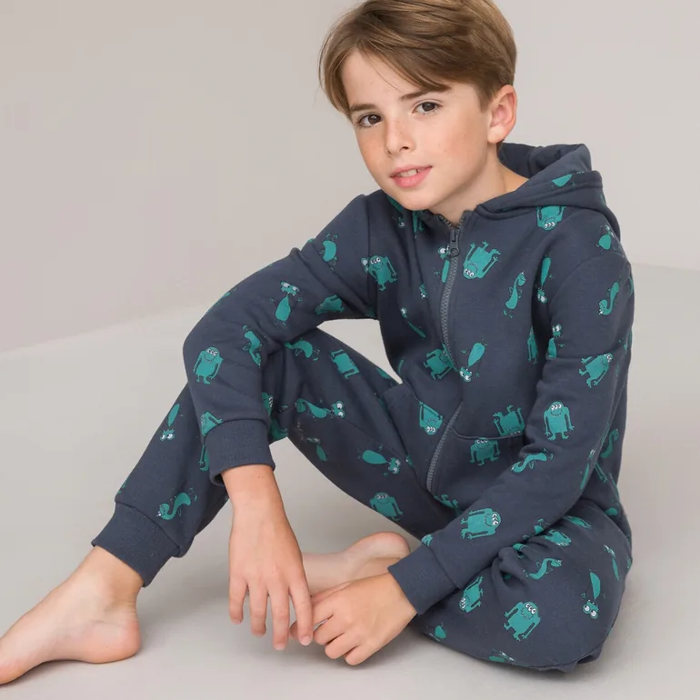 Printed Cotton Mix Onesie in Fleece with Hood - 1