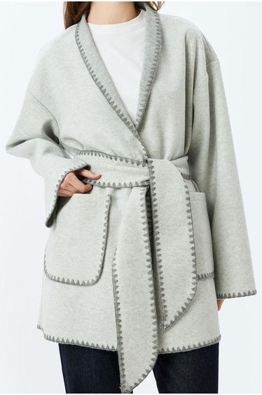 Long Double Breasted Coat Shawl Collar Belted Crochet Detailed Pockets