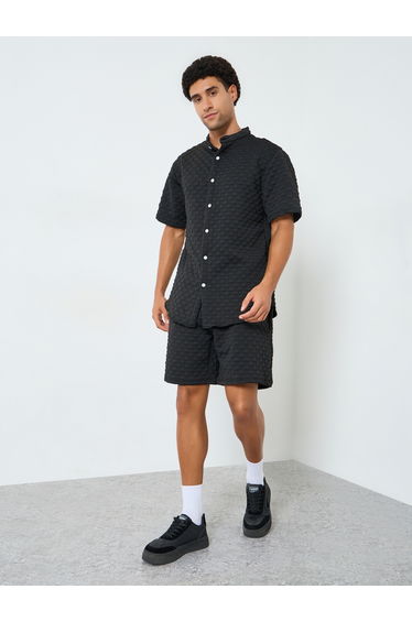 Men Textured Stand Collar Shirt and Shorts Co-Ords