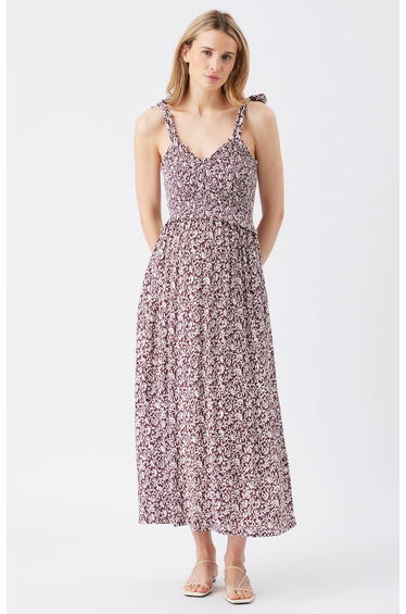 Dana Shirred Dress (Maroon/White)