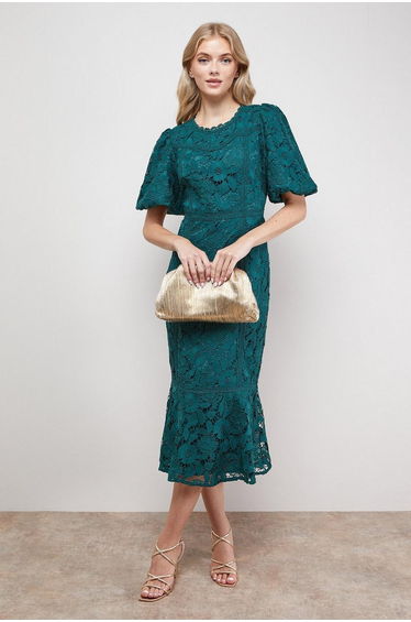 Lace Trim Detail Puff Sleeve Peplum Midi Dress
