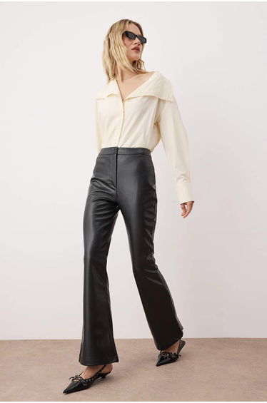 Black Faux Leather Flare Pants