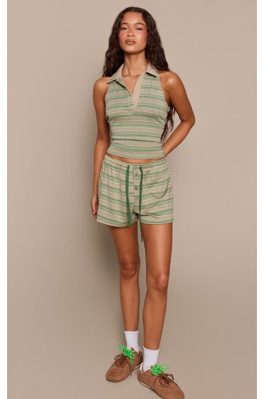 Sage Soft Striped Rib Drawstring Boxer Detail Shorts