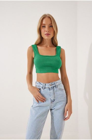 Women's Green Halter Corduroy Crop Knitted Blouse